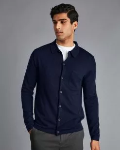CHARLES TYRWHITT Merino Shirt Cardigan - Navy 9 CHARLES TYRWHITT Merino Shirt Cardigan - Navy -Charles Tyrwhitt Shop KNJ0422NAV MODEL FRONT