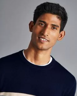CHARLES TYRWHITT Merino Crew Neck Striped Sweater - Navy & Ston -Charles Tyrwhitt Shop KNJ0430MNV MODEL DETAIL