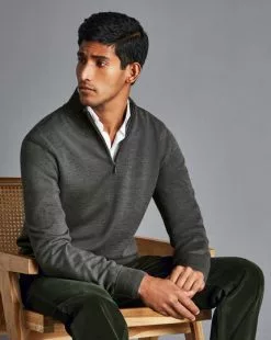 CHARLES TYRWHITT Merino Zip Neck Sweater - Grey -Charles Tyrwhitt Shop KNJ0432GRY MODEL SEATED