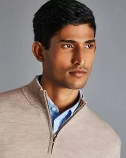 CHARLES TYRWHITT Merino Zip Neck Sweater - Limeston -Charles Tyrwhitt Shop KNJ0432LST MODEL DETAIL
