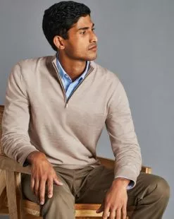 CHARLES TYRWHITT Merino Zip Neck Sweater - Limeston -Charles Tyrwhitt Shop KNJ0432LST MODEL SEATED