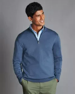 CHARLES TYRWHITT Merino Zip Neck Sweater - Steel B -Charles Tyrwhitt Shop KNJ0432STL MODEL FRONT