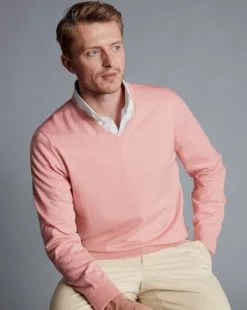 CHARLES TYRWHITT Pure Merino V-Neck Sweater - Light C -Charles Tyrwhitt Shop KNJ0437LCP MODEL SEATED