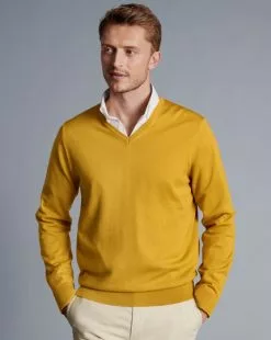 CHARLES TYRWHITT Pure Merino V-Neck Sweater - Yellow -Charles Tyrwhitt Shop KNJ0437YLW MODEL FRONT