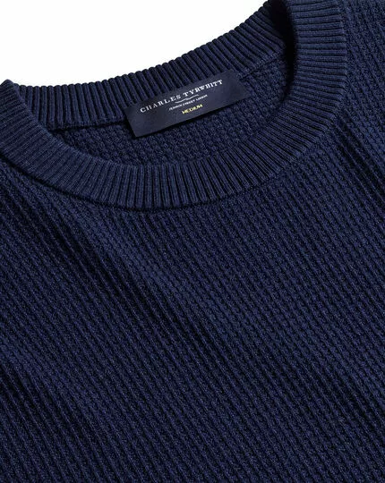 CHARLES TYRWHITT Cotton Merino Waffle Crew Neck - Dark Navy 3 CHARLES TYRWHITT Cotton Merino Waffle Crew Neck - Dark Navy