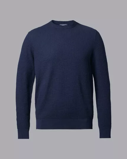 CHARLES TYRWHITT Cotton Merino Waffle Crew Neck - Dark Navy 6 CHARLES TYRWHITT Cotton Merino Waffle Crew Neck - Dark Navy - Image 4