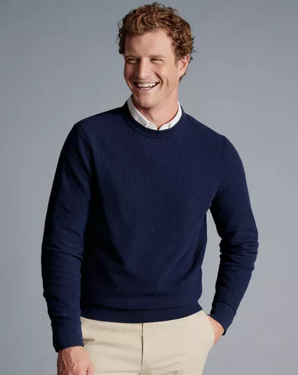 CHARLES TYRWHITT Cotton Merino Waffle Crew Neck - Dark Navy 4 CHARLES TYRWHITT Cotton Merino Waffle Crew Neck - Dark Navy - Image 2