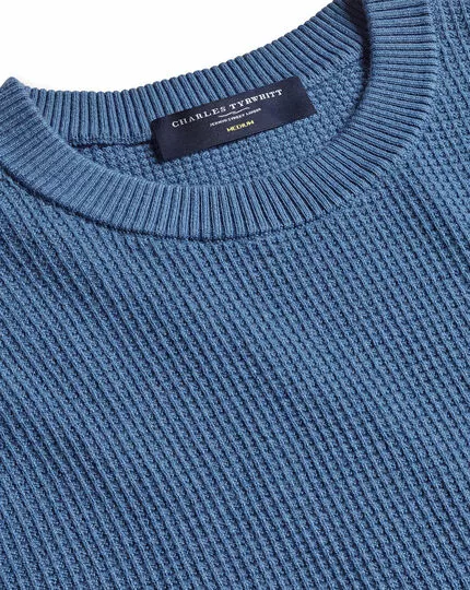 CHARLES TYRWHITT Cotton Merino Waffle Crew Neck - Ocean B 3 CHARLES TYRWHITT Cotton Merino Waffle Crew Neck - Ocean B
