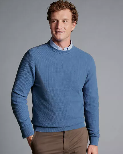 CHARLES TYRWHITT Cotton Merino Waffle Crew Neck - Ocean B 4 CHARLES TYRWHITT Cotton Merino Waffle Crew Neck - Ocean B - Image 2