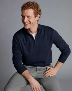 CHARLES TYRWHITT Combed Cotton Zip Neck Sweater - Dark Navy -Charles Tyrwhitt Shop KNJ0440DNY MODEL SEATED