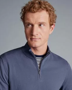 CHARLES TYRWHITT Combed Cotton Zip Neck Sweater - Heather B -Charles Tyrwhitt Shop KNJ0440HEB MODEL DETAIL