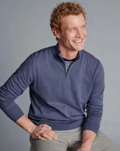 CHARLES TYRWHITT Combed Cotton Zip Neck Sweater - Heather B -Charles Tyrwhitt Shop KNJ0440HEB MODEL SEATED