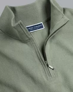 CHARLES TYRWHITT Combed Cotton Zip Neck Sweater - Sage Green