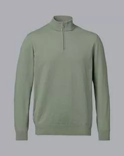 CHARLES TYRWHITT Combed Cotton Zip Neck Sweater - Sage Green -Charles Tyrwhitt Shop KNJ0440SGE FULL