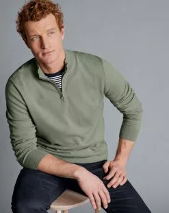 CHARLES TYRWHITT Combed Cotton Zip Neck Sweater - Sage Green -Charles Tyrwhitt Shop KNJ0440SGE MODEL SEATED