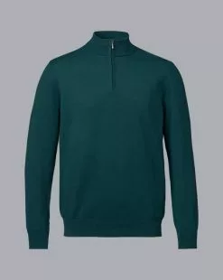 CHARLES TYRWHITT Combed Cotton Zip Neck Sweater - Teal Green -Charles Tyrwhitt Shop KNJ0440TEL FULL