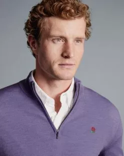 CHARLES TYRWHITT England Rugby Merino Zip-Neck Sweater - Lilac P -Charles Tyrwhitt Shop KNQ0002LLC MODEL DETAIL