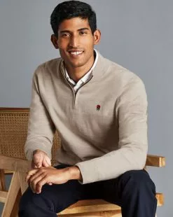 CHARLES TYRWHITT England Rugby Merino Zip Neck Sweater - Limeston -Charles Tyrwhitt Shop KNQ0002LST MODEL SEATED