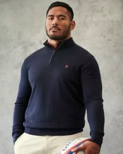 CHARLES TYRWHITT England Rugby Red Rose Merino Zip Neck Sweater - Navy -Charles Tyrwhitt Shop KNQ0005NAV L