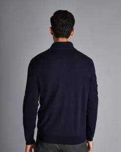 CHARLES TYRWHITT England Rugby Red Rose Merino Zip Neck Sweater - Navy -Charles Tyrwhitt Shop KNQ0005NAV MODEL BACK