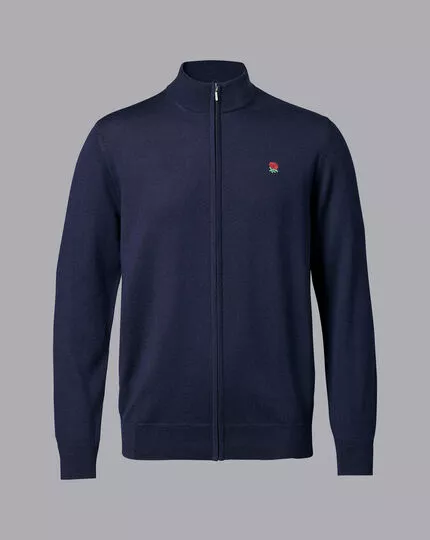 CHARLES TYRWHITT England Rugby Merino Full Zip-Through Cardigan - Navy 5 CHARLES TYRWHITT England Rugby Merino Full Zip-Through Cardigan - Navy - Image 4