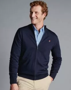 CHARLES TYRWHITT England Rugby Merino Full Zip-Through Cardigan - Navy 7 CHARLES TYRWHITT England Rugby Merino Full Zip-Through Cardigan - Navy -Charles Tyrwhitt Shop KNQ0006NAV MODEL FRONT