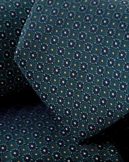 CHARLES TYRWHITT Stain Resistant Mini Floral Silk Tie - Teal Green & Navy 4 CHARLES TYRWHITT Stain Resistant Mini Floral Silk Tie - Teal Green & Navy - Image 2