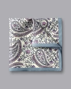 CHARLES TYRWHITT Floral Paisley Silk Pocket Square - Ivory & Steel B